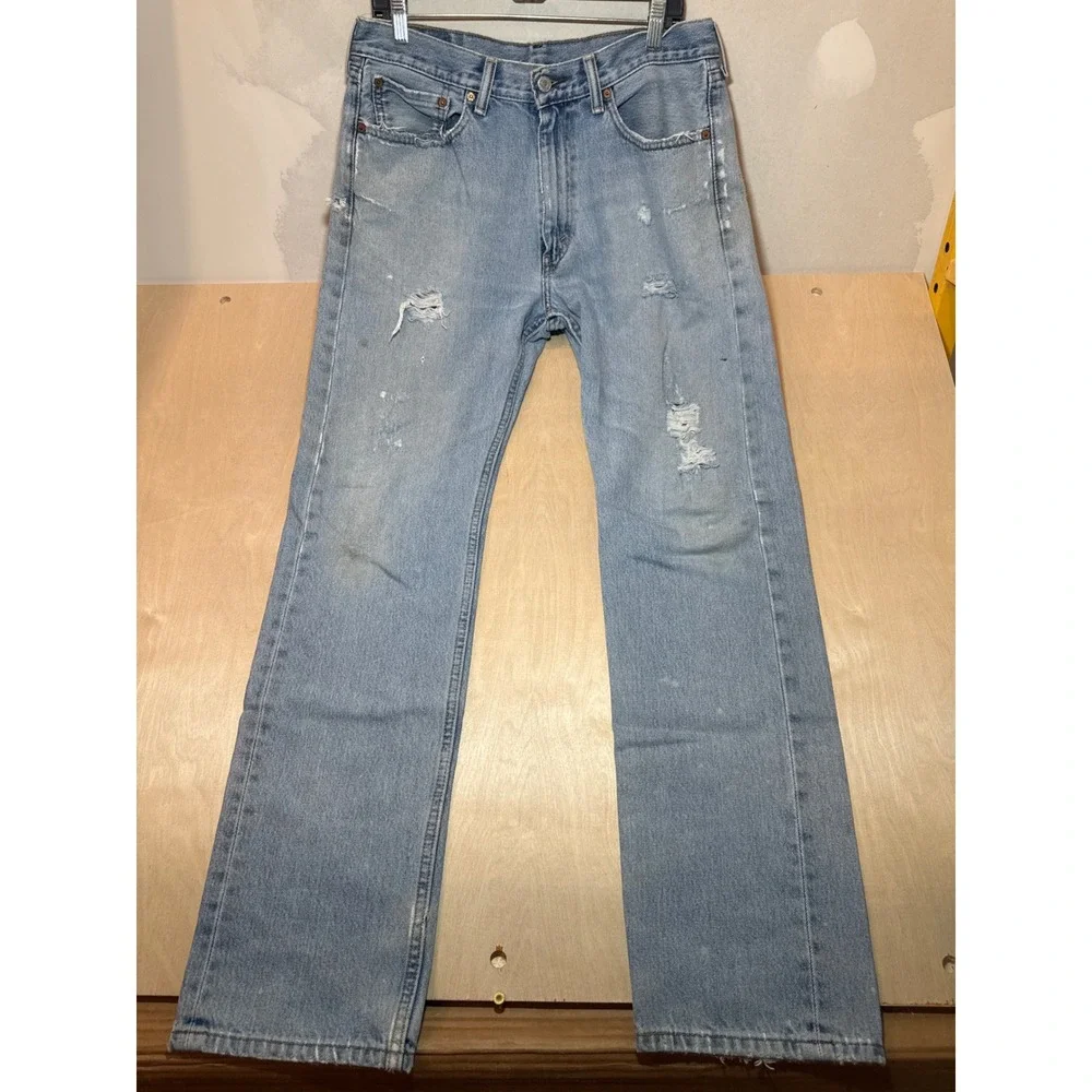 Levis 505 Regular Fit Jeans Mens 33x34 Light Wash Distressed Straight Leg 00505